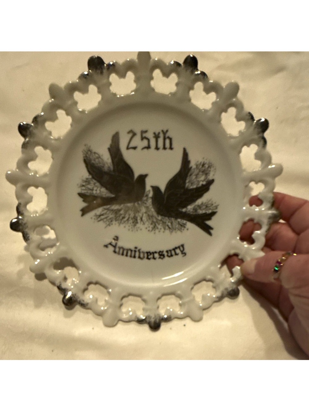 Vintage 25th Anniversary Decorative White Porcelain Plate with Dove Motif